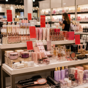 Beauty and personal care clearance display with discounted skincare and makeup products