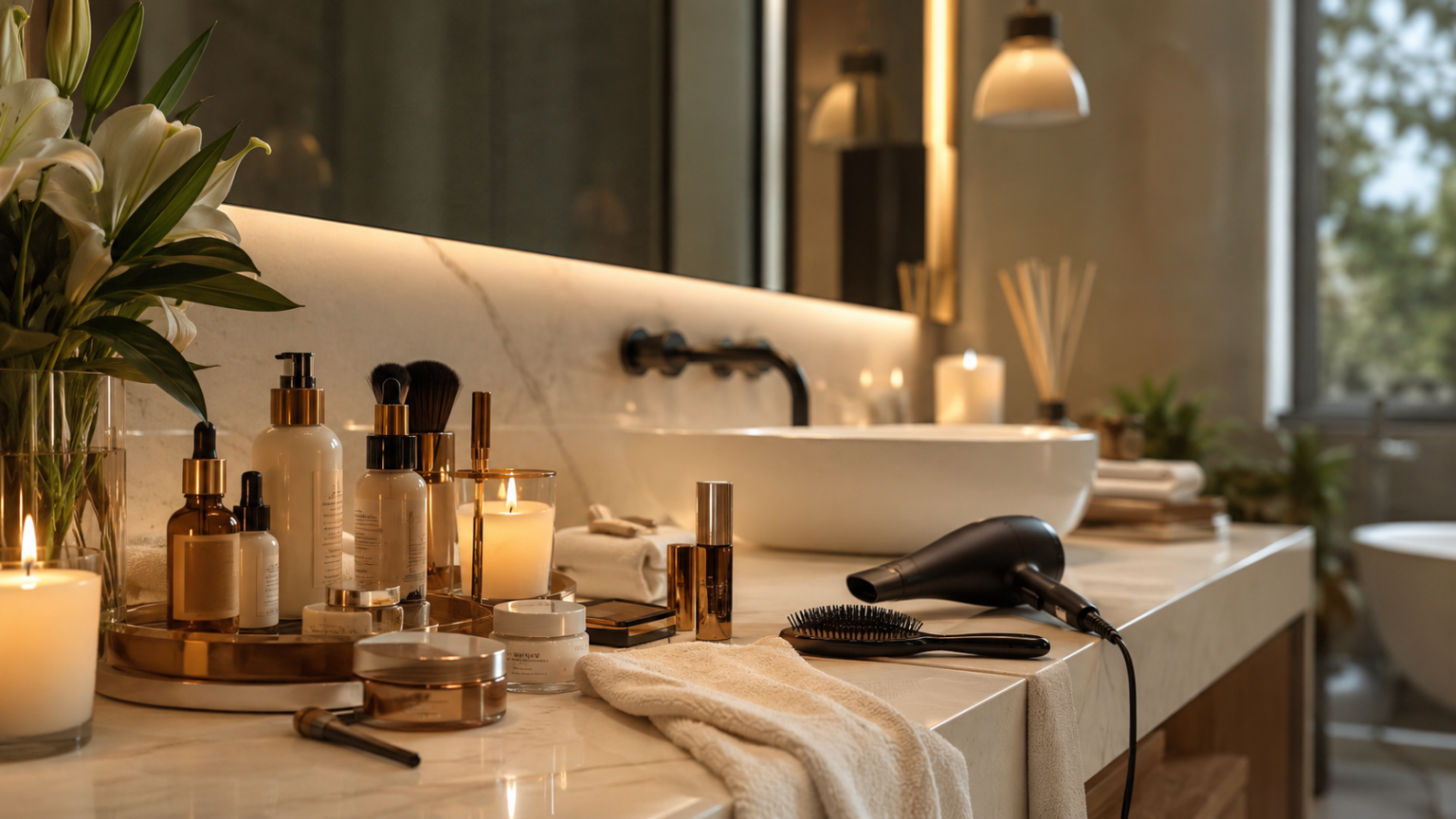Modern beauty and personal care products styled inside an upscale bathroom vanity with warm lighting