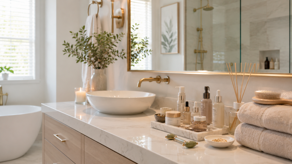 Modern beauty products and wellness accessories styled inside an upscale bathroom environment