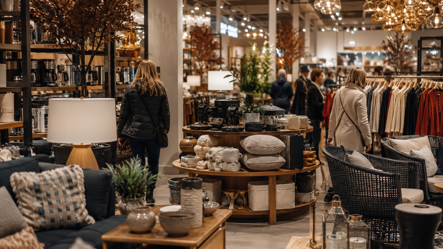 Seasonal clearance shopping display featuring discounted home electronics clothing and retail markdowns