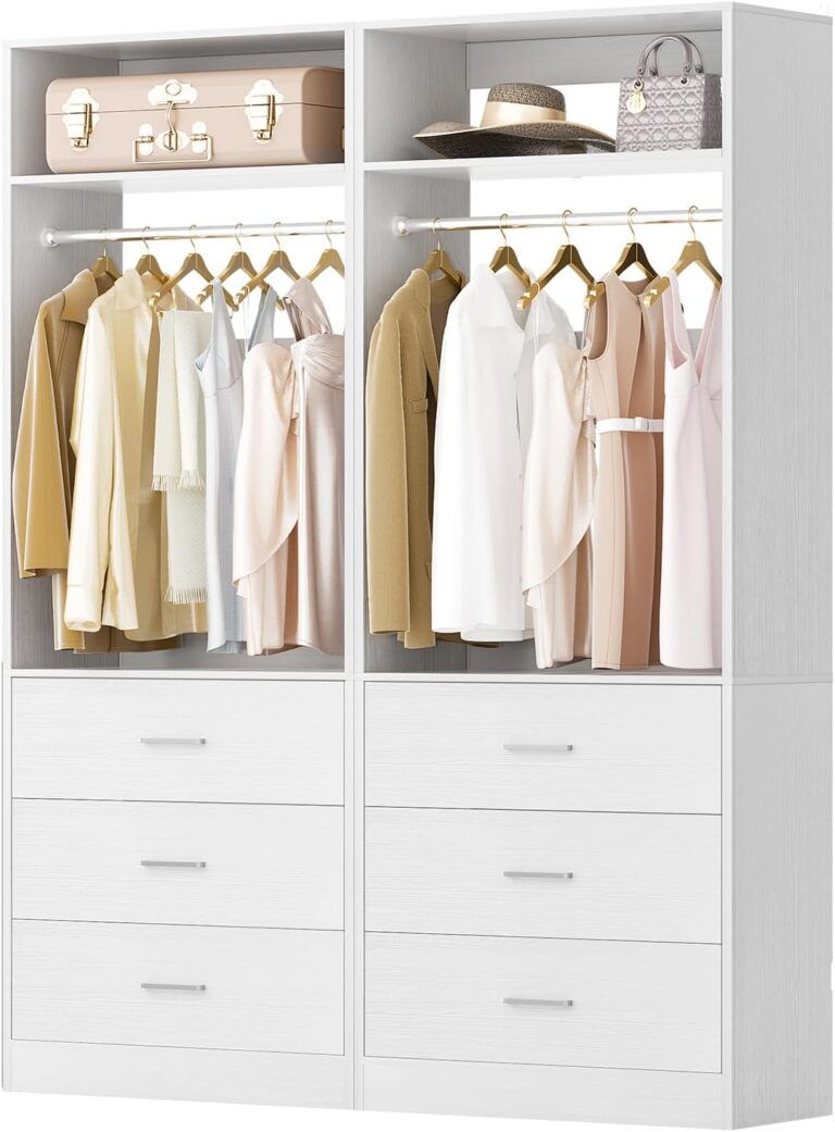 A customizable closet system featuring adjustable shelving, hanging rods, drawers, and clean modern finishes designed to maximize bedroom or hallway storage.