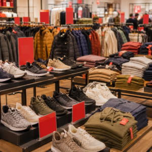 Clothing and shoes clearance section with discounted fashion and sneakers in a retail store
