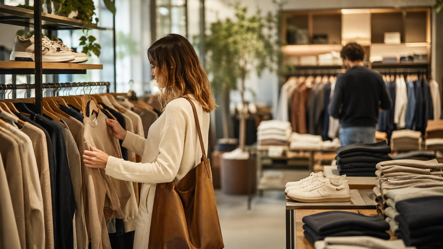 Modern clothing and shoes clearance shopping scene inside a stylish upscale retail environment