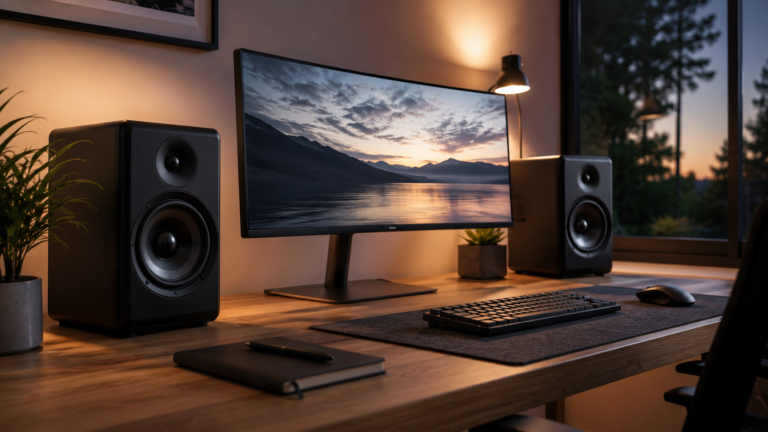Modern desktop studio speakers inside an upscale home office setup
