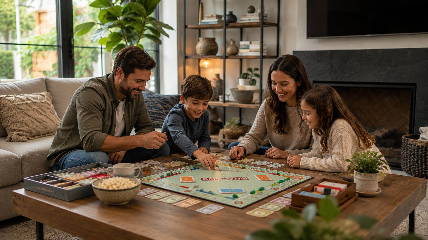 Modern family room with stylish board games arranged on coffee table