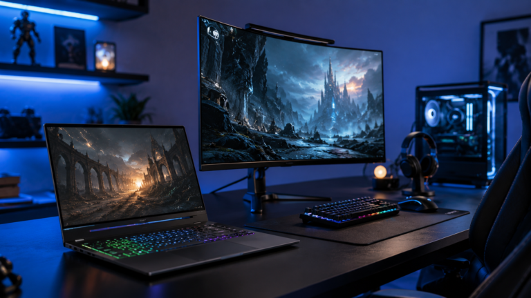 Premium gaming laptop setup with RGB lighting and curved gaming monitor