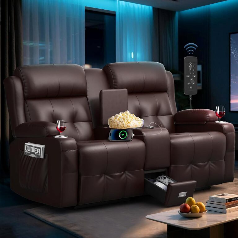 Loveseat Recliner Sofa, Home Theater Seating with Massage, RV Wall Hugger Reclining Couch with Console, USB, Cup Holders & Drawer, Manual Loveseat Recliners RV Sofa for RV & Home Theater