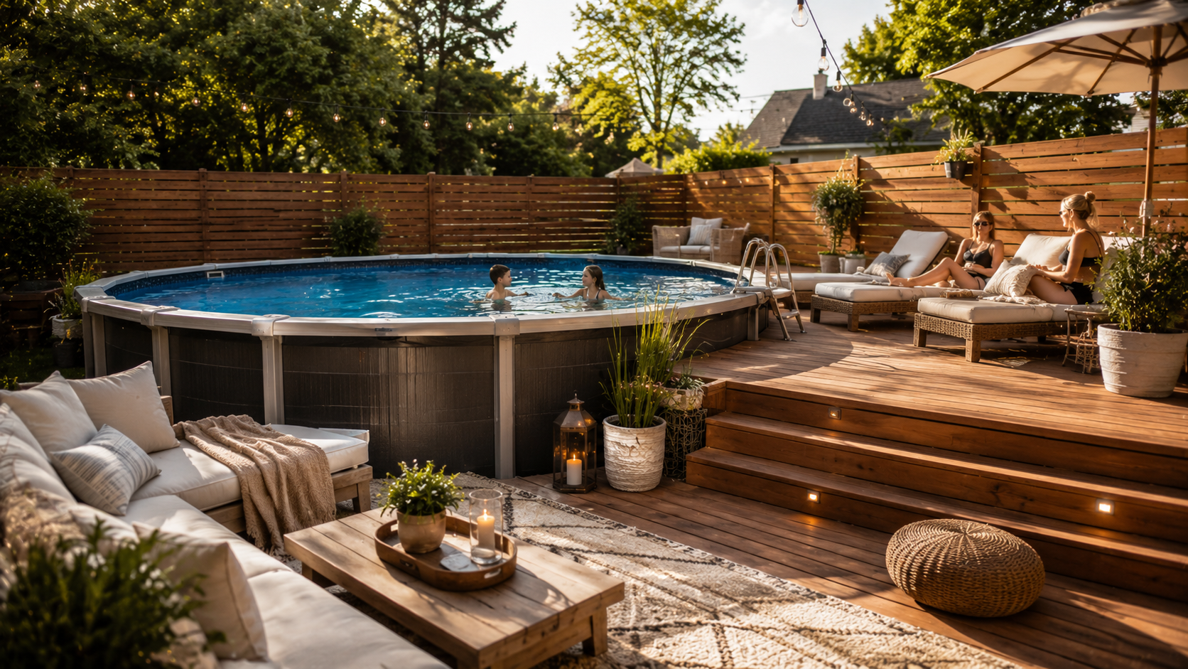 Modern backyard above-ground pool with upscale summer outdoor styling