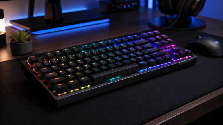 Mechanical RGB gaming keyboard with modern gaming setup lighting