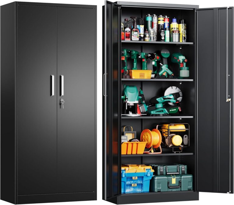 Heavy-duty storage cabinets with adjustable shelving designed to organize tools, seasonal items, sports gear, and garage essentials in a clean modern setup.