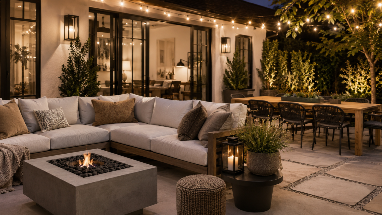 Modern outdoor patio with stylish clearance furniture and warm evening lighting