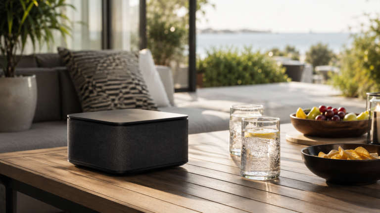 Compact Bluetooth speaker styled on a modern outdoor patio table