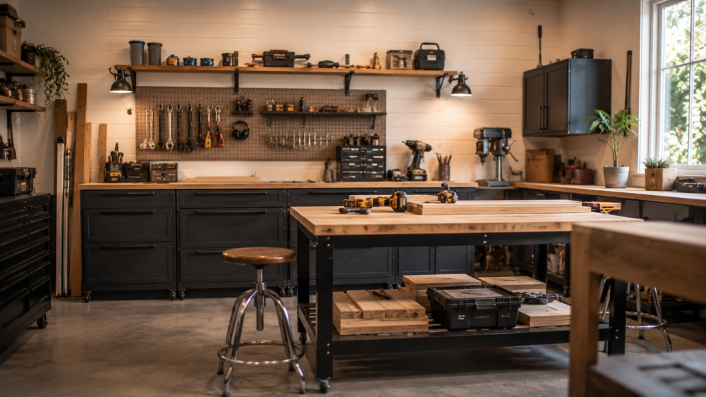 Modern home garage workshop with organized tools and DIY project setup