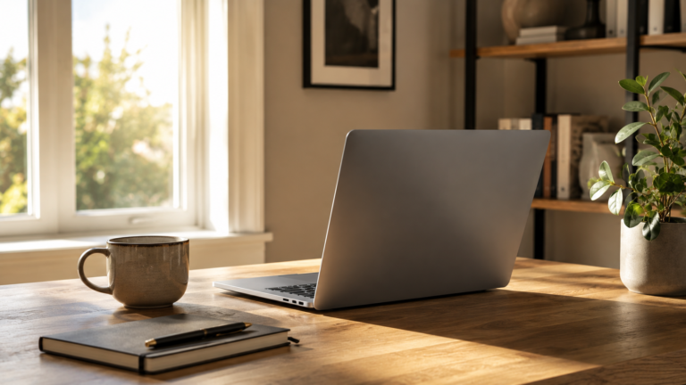 Slim productivity laptop on minimalist modern office desk