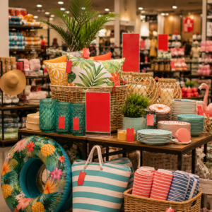 Seasonal clearance section with discounted holiday decor and seasonal retail merchandise
