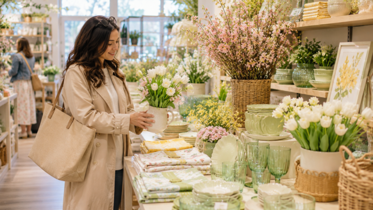 Spring clearance shopping scene featuring home organization and seasonal retail markdowns