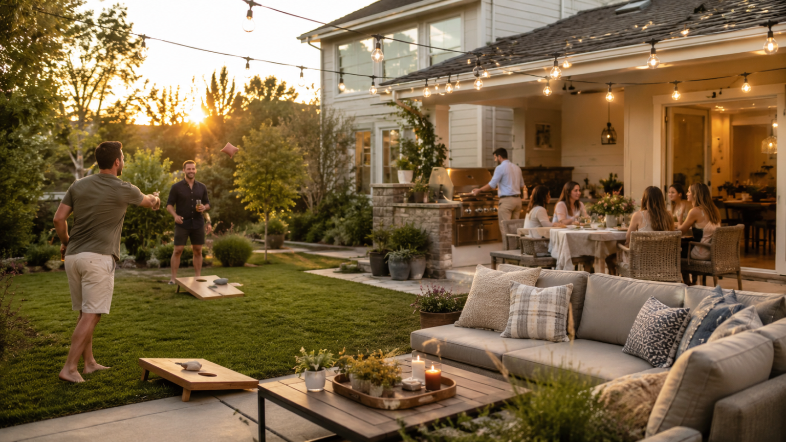 Modern upscale backyard patio with summer furniture, outdoor dining setup, string lights, and warm evening atmosphere