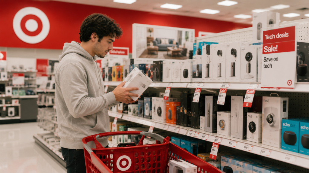 Modern retail electronics shopping scene with gaming gear headphones and smart devices in stylish store environment