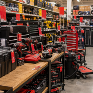 Tools and garage clearance section with discounted power tools and workshop equipment