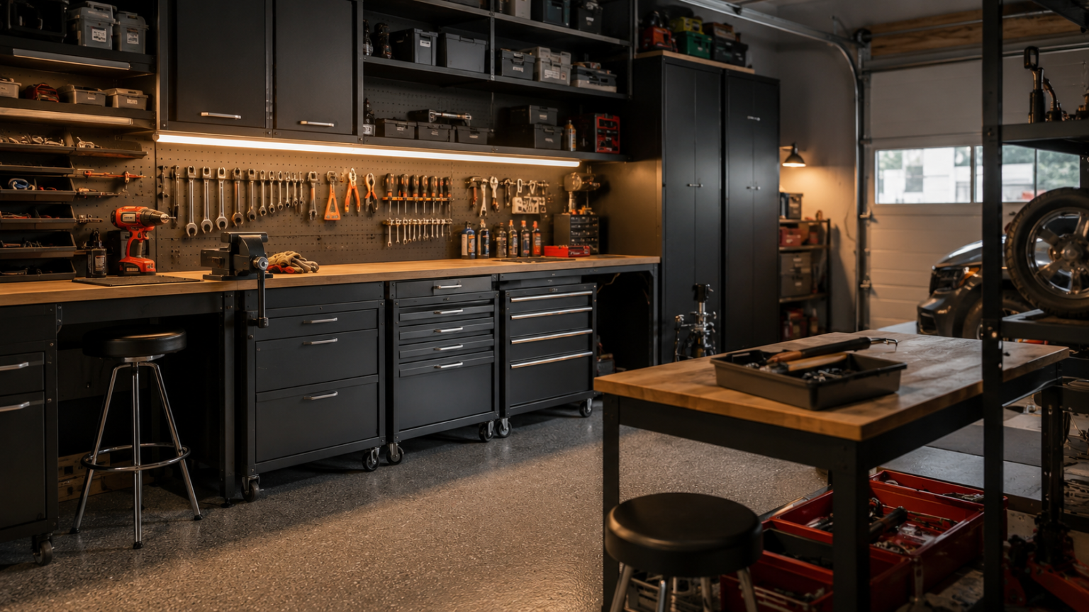 Modern upscale garage workshop with organized tools and storage systems