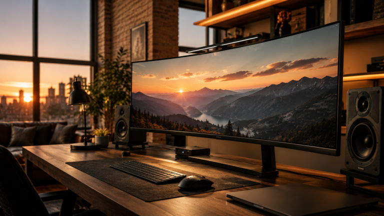 Ultrawide curved monitor inside modern gaming and office workspace