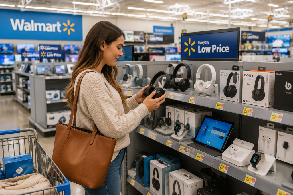 Large electronics clearance shopping scene with TVs gaming products and smart home devices in modern retail environment