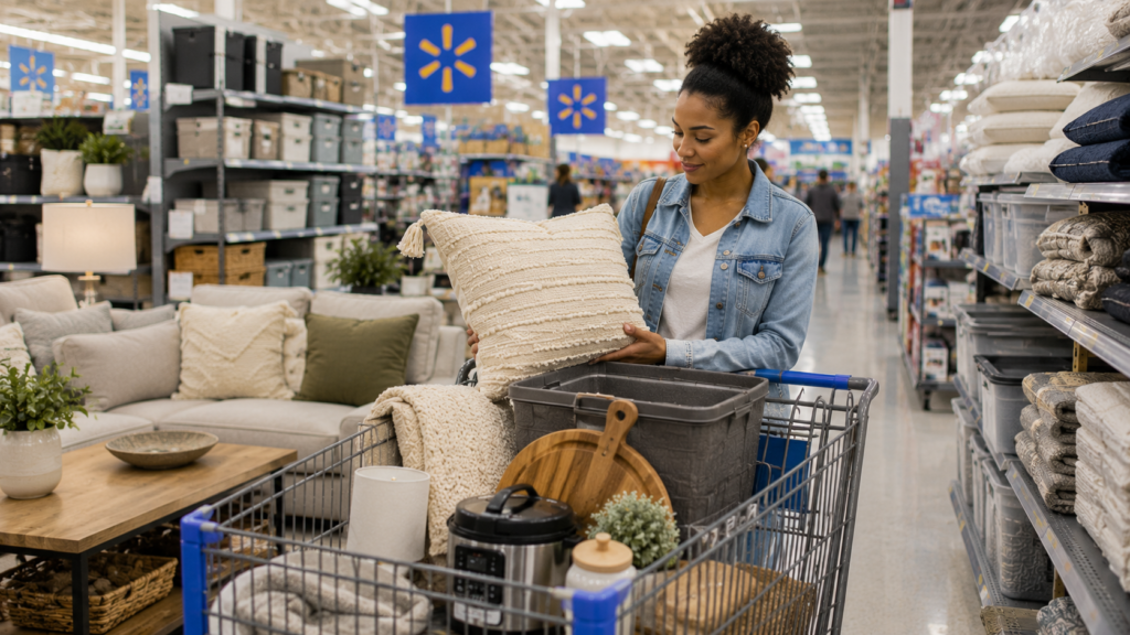 Large retail home clearance shopping scene featuring household products and furniture markdowns