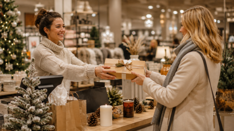 Winter clearance shopping scene featuring seasonal gifts and holiday markdowns in a retail environment
