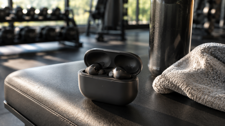 Modern wireless earbuds with charging case displayed in a bright fitness setting