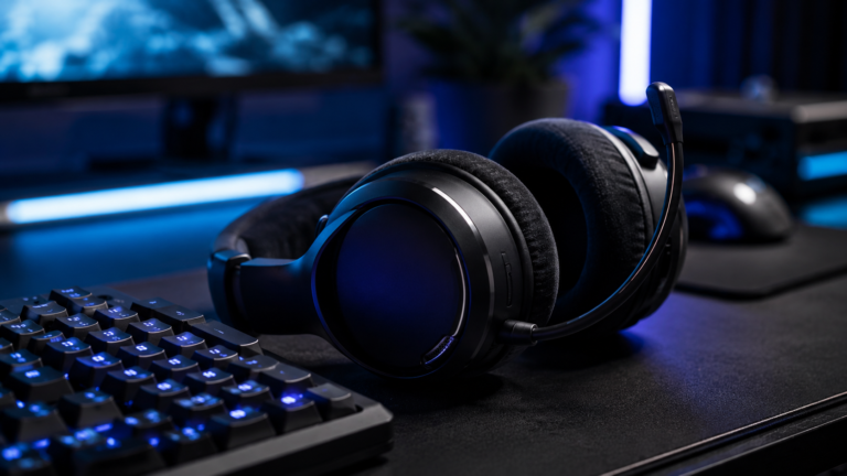 Wireless gaming headset beside mechanical keyboard on modern gaming desk