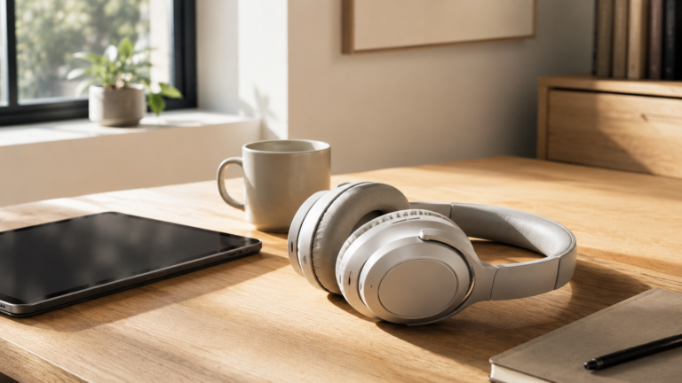 Premium wireless noise cancelling headphones on a minimalist desk with natural lighting