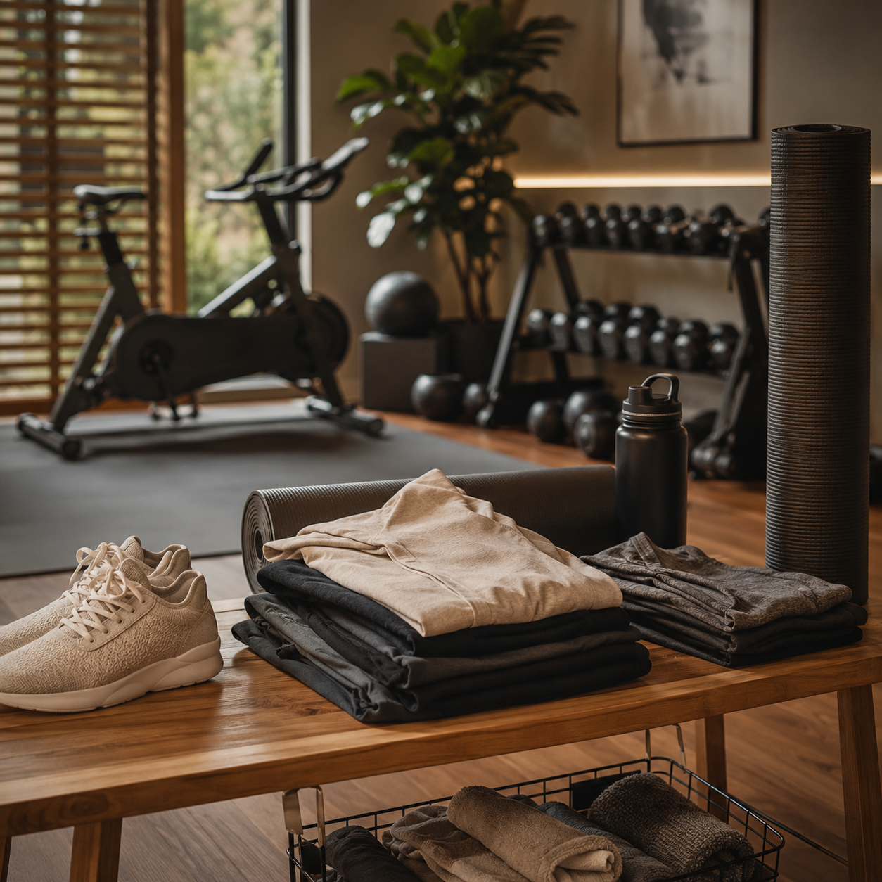 Modern home workout space featuring stylish activewear and athletic apparel clearance items