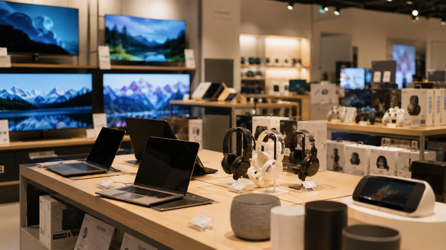 Modern electronics clearance shopping scene with TVs laptops gaming devices and smart home tech in upscale retail environment