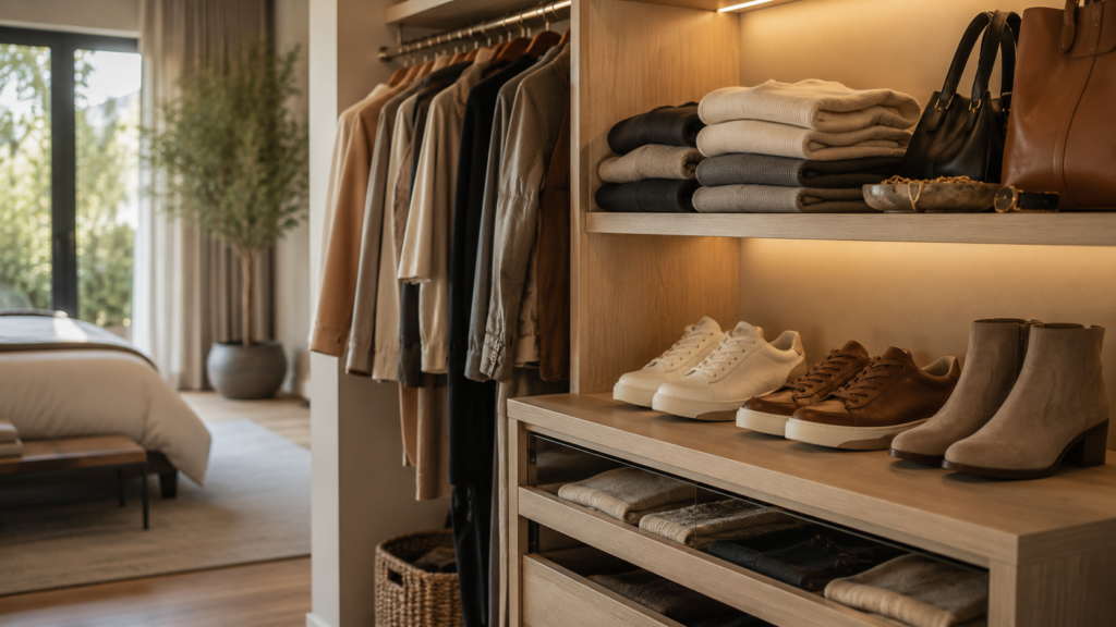 Modern bedroom and closet space featuring stylish clothing and shoes organized inside a contemporary home