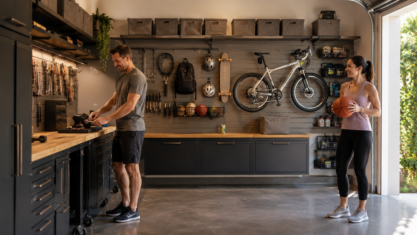 Modern organized residential garage with wall storage system and tools