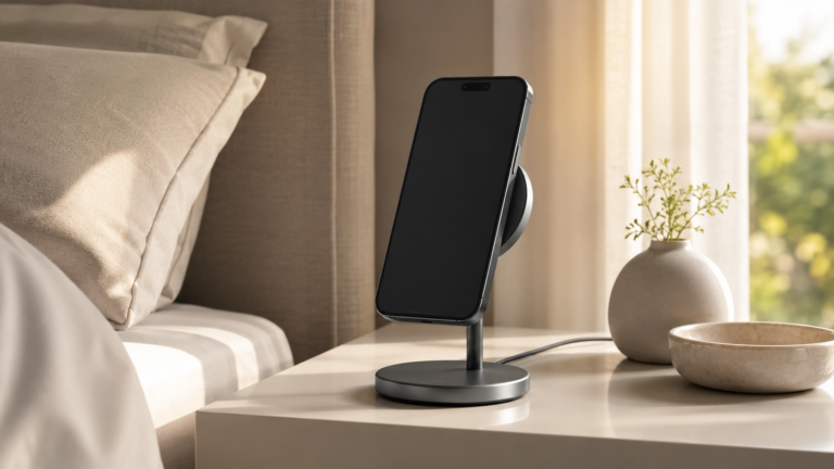 Premium magnetic wireless charging stand holding a smartphone on a modern bedside table