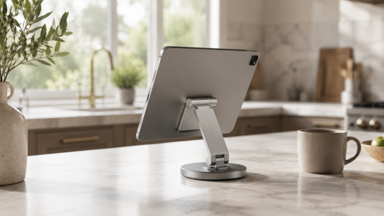 Modern tablet stand displayed in a bright residential kitchen workspace