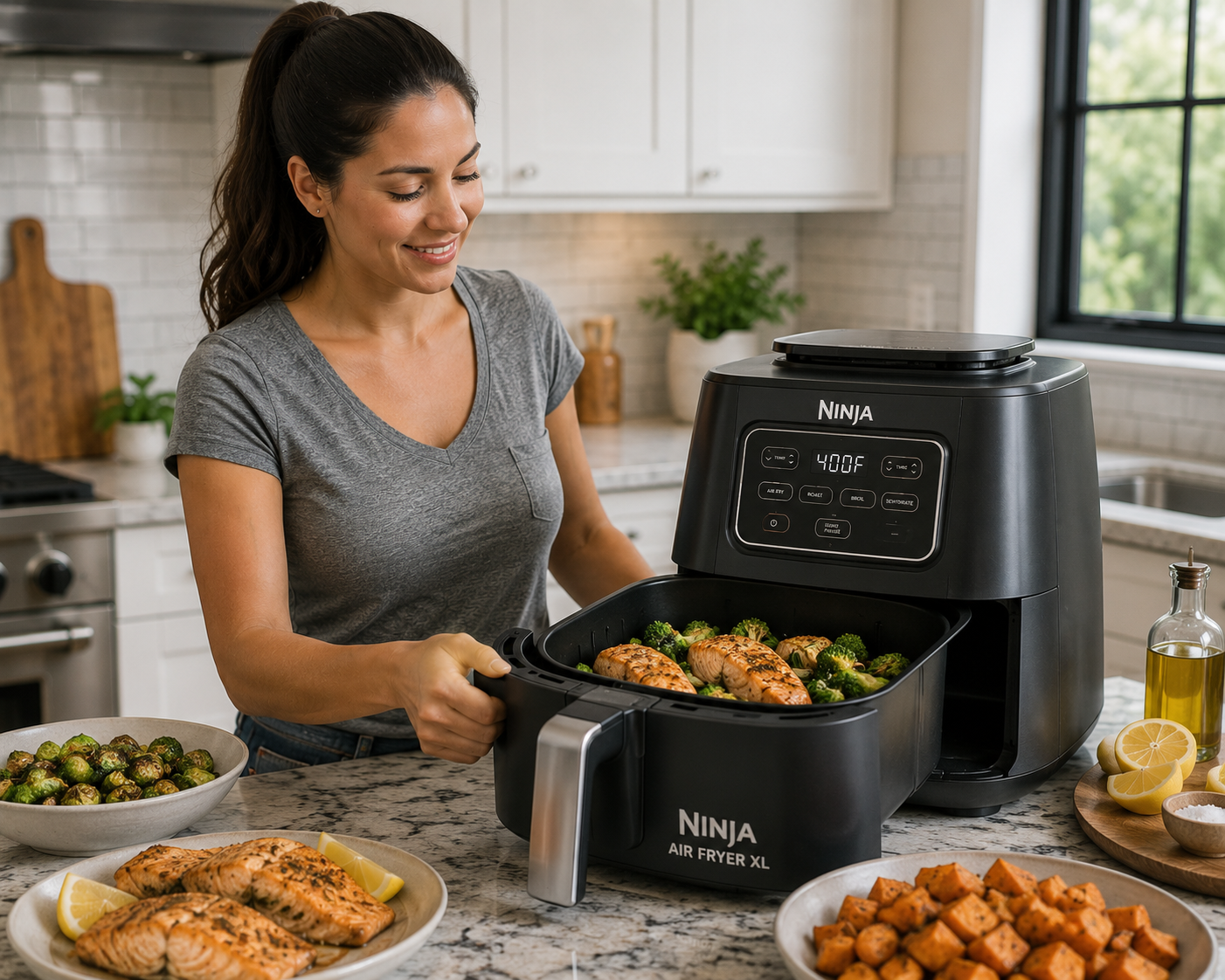 ninja air fryer xl being used in a kitchen
