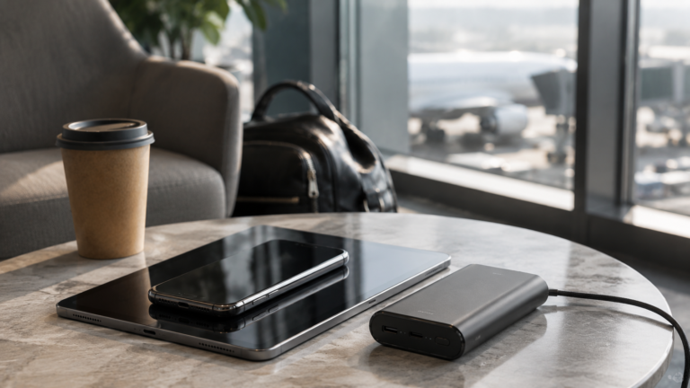 Portable fast charging power bank beside mobile devices in a stylish travel setting