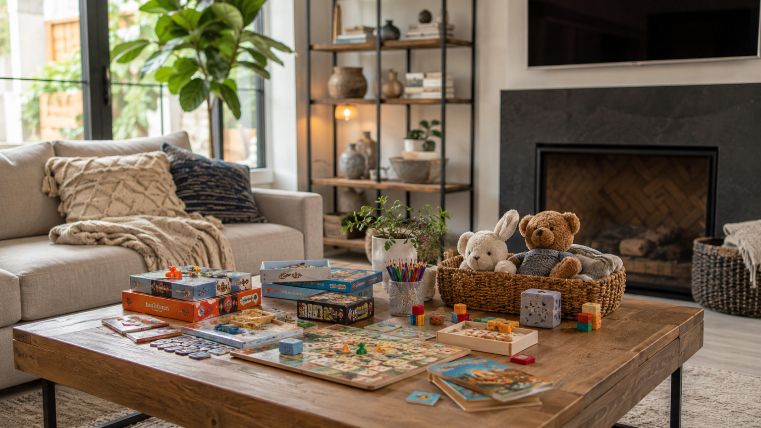 Modern family living room with toys games and cozy entertainment setup